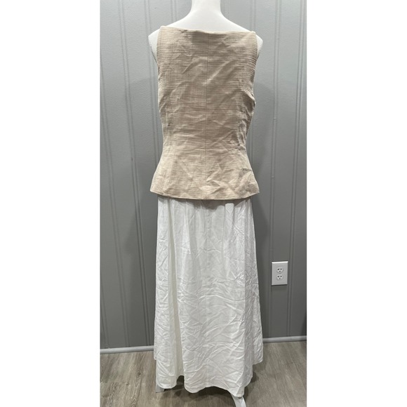 Vintage Two Piece Beige Textured Button Front Peplum Top Maxi Skirt Set - Picture 2 of 2